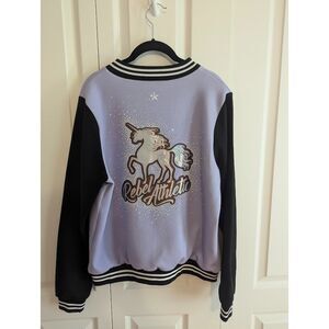 NWT Rebel Athletic sparkly unicorn purple varsity-style jacket cheer dance AM